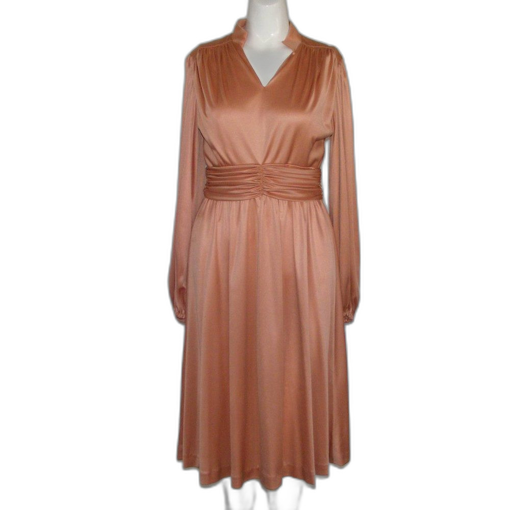 70s Dress, XS/S, Coppery color, Long sleeves, Gathered Waist, Disco baby! - Picture 7 of 8